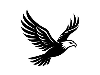 Obraz premium Majestic bald eagle flying vector, black and white hawk mascot logo, soaring predatory bird silhouette for sports branding and apparel