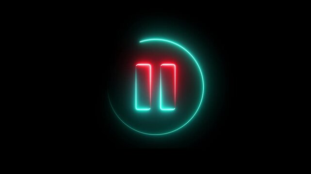 Glowing neon red and cyan color media player pause buttons sign icon animation audio video song stop circle control push press click play on black background