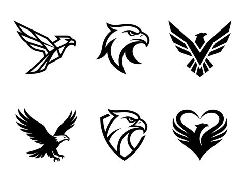 Minimalist eagle logo collection, 6 black bird vector icons. Geometric hawk and falcon symbols for corporate branding and sports mascots.