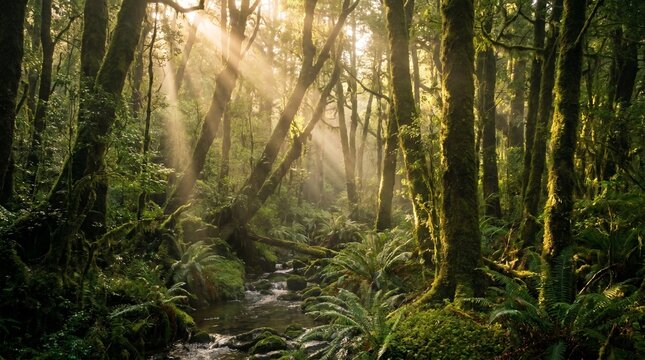 Sunlight rays streaming through mossy trees in a lush ancient rainforest with a small creek