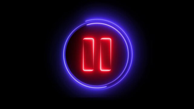 Glowing neon red and blue color media player pause buttons sign icon animation audio video song stop circle control push press click play on black background