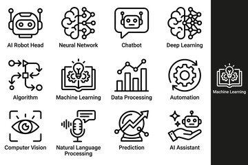 Obraz premium Artificial intelligence icons set linear style black and white illustration