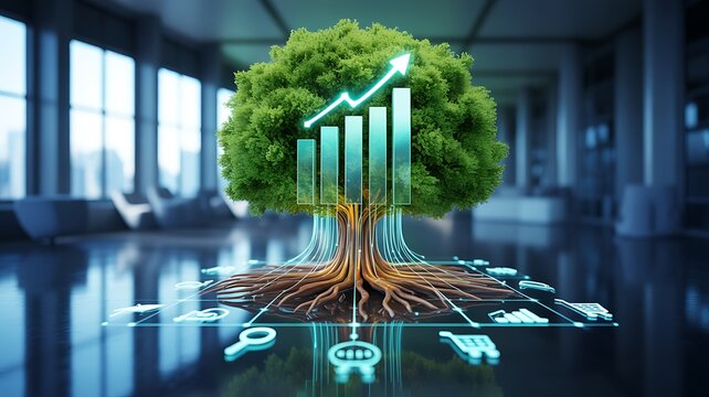 Sustainable Business Growth Concept with Digital Technology Interface, Glowing Tree and Rising Bar Chart in Modern Office