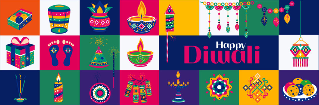 Diwali festival flat modern elements illustration and icon set for graphic and web design templates. deepavali firecrackers, diwali crackers flat vector color full vector fireworks on color background