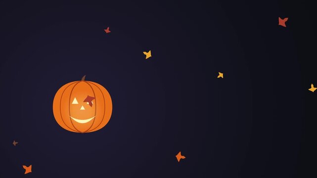 Minimalist Halloween motion background featuring a glowing jack-o'-lantern pumpkin with a generic carved face and gently drifting autumn leaves.