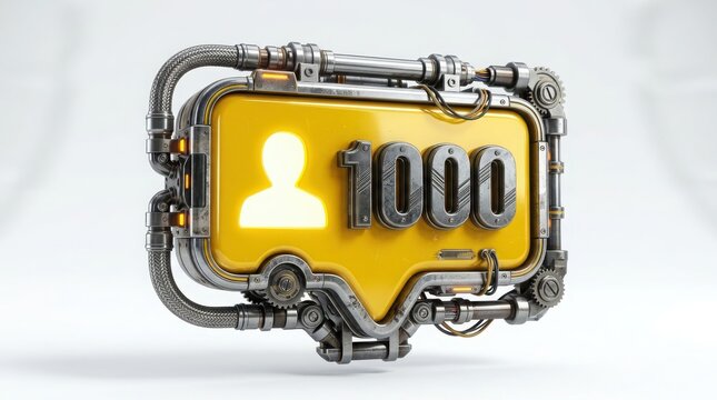 3d render of a futuristic yellow notification sign with a user icon and the number 1000 isolated on white background