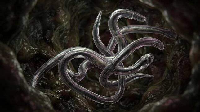 Closeup of parasitic worms inside a biological environment