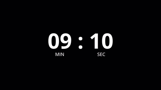 10 minute countdown timer animation on transparent background.