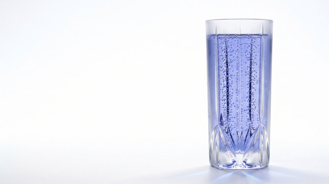 Blue sparkling water in faceted glass on white background with refreshing bubbles and clean space for beverage concept
