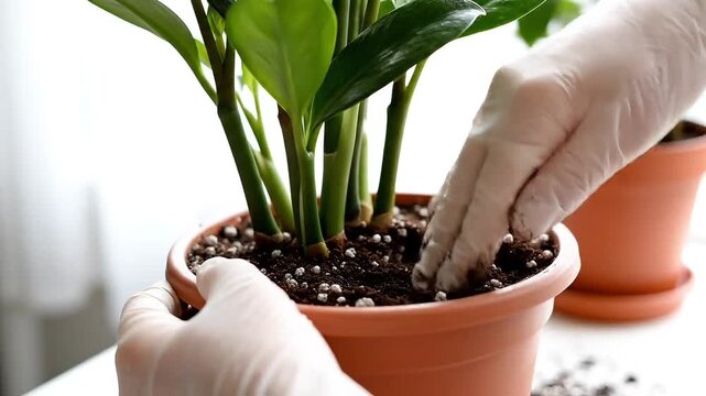 Close-up of Hands in White Gloves Repotting a Zamioculcas Plant into a Terracotta Pot Indoors