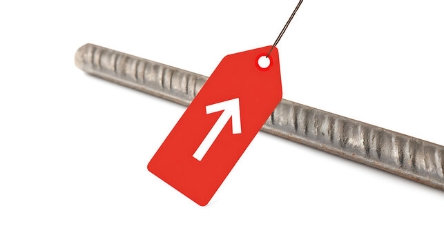Red price tag with white upward arrow symbol attached to a metal rebar isolated on a pure white background for business value concept