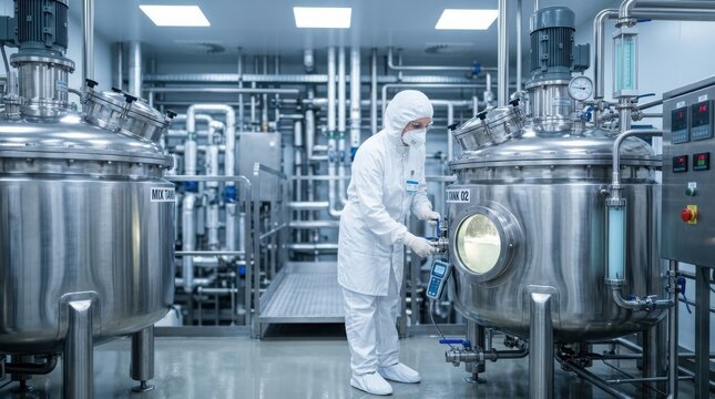 Scientist in cleanroom operating industrial pharmaceutical mixing tank