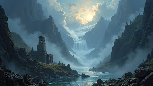 panoramic view of mystical mountain valley with stone tower and waterfall sketch style