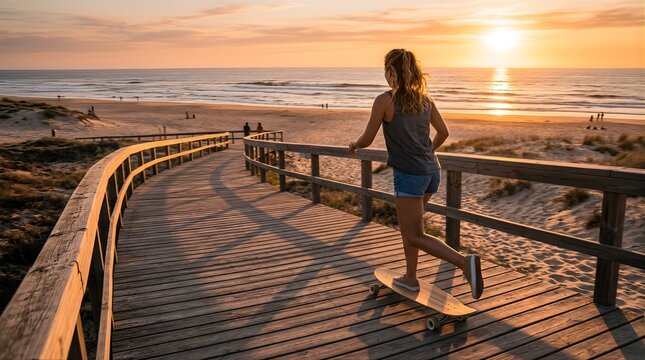 Young woman riding a longboard on a beach boardwalk at sunset