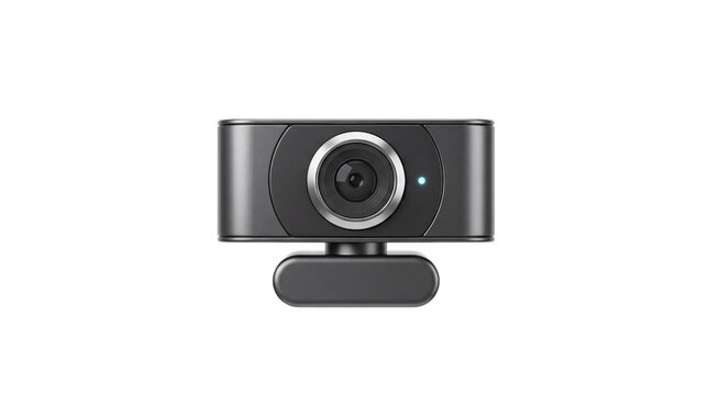 Modern gray webcam with blue indicator light on png solated on transparent background