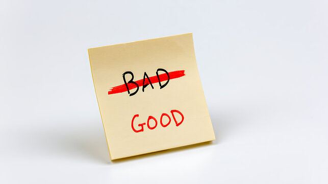Adhesive note paper with handwritten word bad crossed out in red ink and good written below for concept of change and improvement process