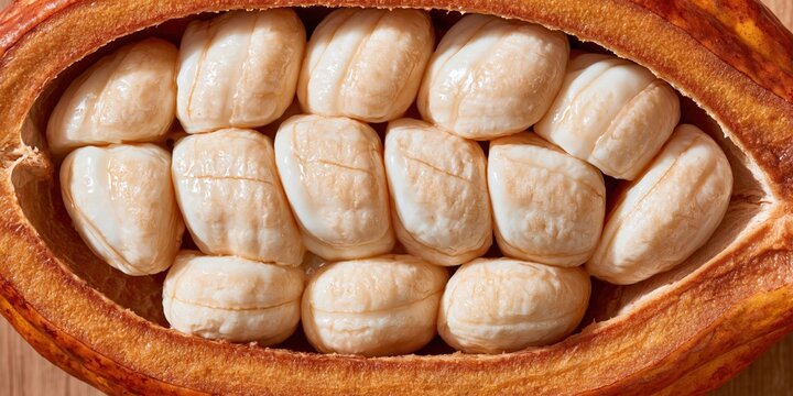 Fresh cacao pod split open showing rows of white pulp covered beans