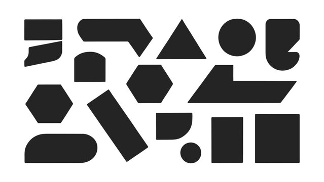 Collection of various geometric shapes including rectangles circles pentagons and triangles arranged on a white background for design and educational purposes