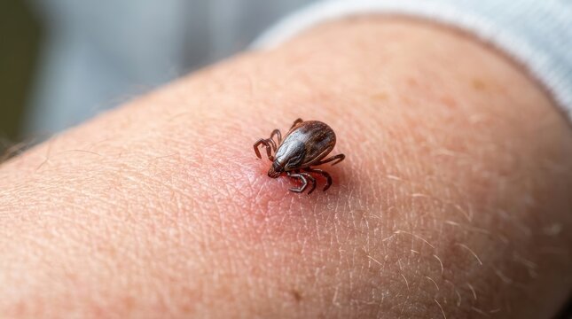 A tick attached to human skin causing localized redness and potential health risk