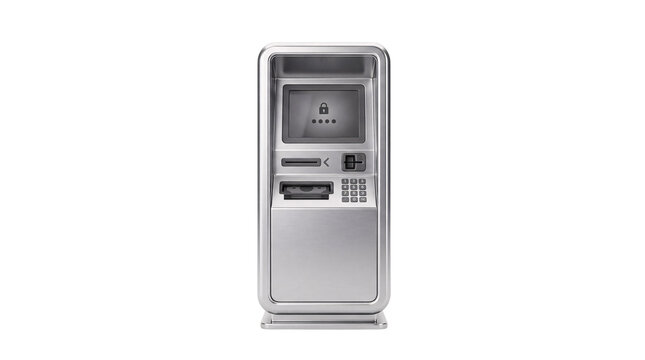 Silver 3d atm machine with screen, card slot, and png solated on transparent background