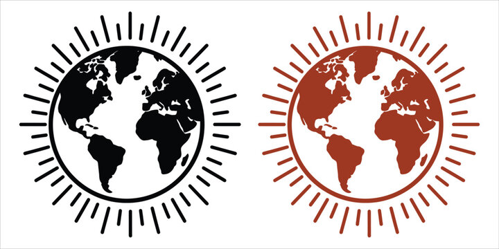 Global world map earth icons with sunburst rays in black and brown earth icon globe graphic sun rays planet earth illustration world design environment graphic world energy sunburst art