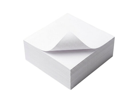 A stack of blank white square sticky note papers with one top sheet curled up presented as an isolated object on isolated on transparent background