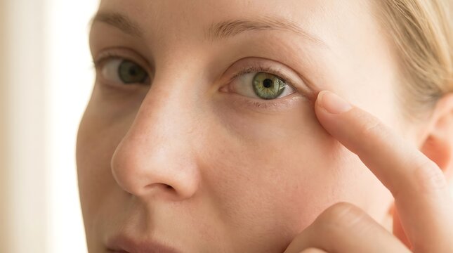 Young woman touching her eyelid with her finger in a close up portrait with natural lighting
