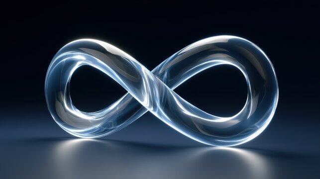 Infinite Possibility: A luminous, transparent infinity symbol glows with an ethereal blue light, symbolizing endless potential and boundless concepts on a dark, reflective surface.