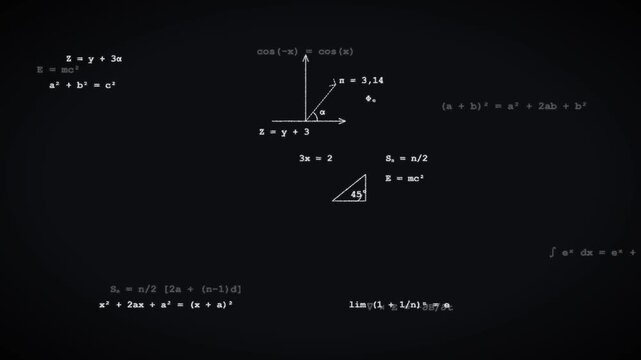 Mathematical formulas and scientific equations on a dark chalkboard background