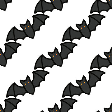 Halloween Seamless Pattern with Cute Hand Drawn Bats on White Background