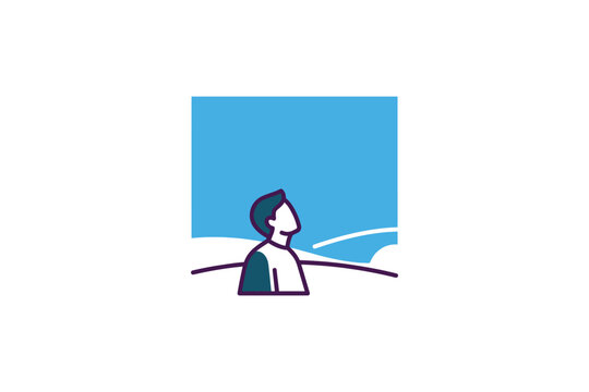 Stylized person looking up in blue sky.
