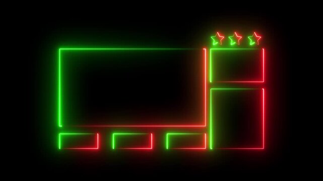 Neon glowing rectangular frame with three stars and smaller boxes in red and green light lines isolated on a dark black background as a modern digital interface design element for web layout