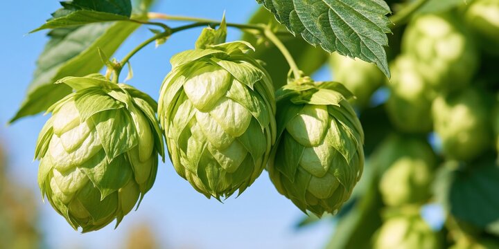 Fresh green hop cones hanging on vine under bright sunlight