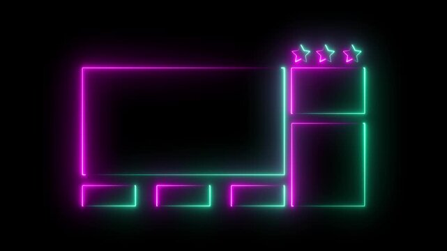 Neon glowing frame interface with stars and boxes for digital design elements on a black background
