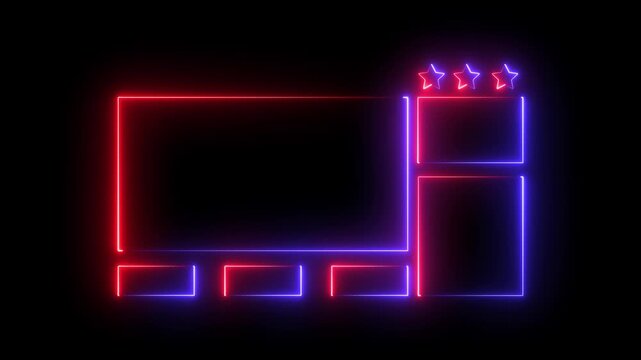 Abstract digital display frame with glowing neon red and blue light lines and rating stars on a black background