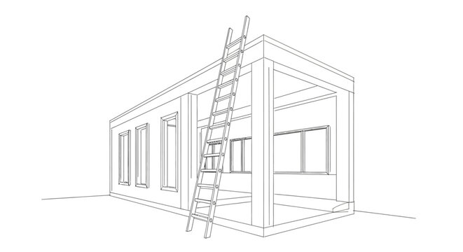 Line drawing of a modern modular container house under construction with a ladder.