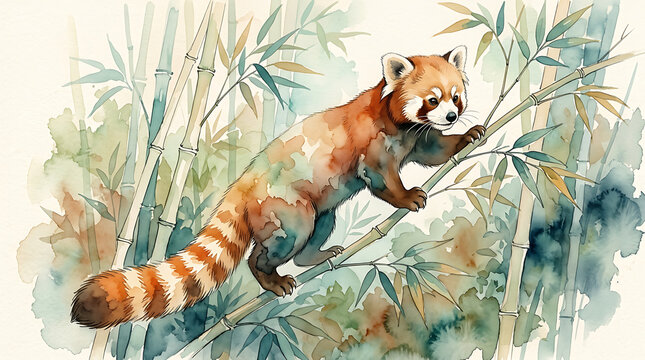 Red panda climbing bamboo branches in watercolor style