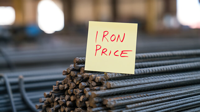 A sticky note with hand written iron price text on a stack of steel reinforcement bars in a warehouse setting for industrial economy concept