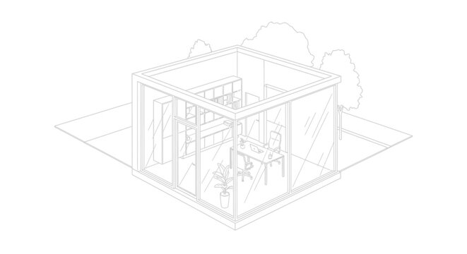Minimalist line drawing of a modern glass office pod with interior furniture and outdoor trees.