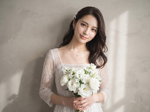 ウェディングドレスを着てブーケを持つ美しい女性