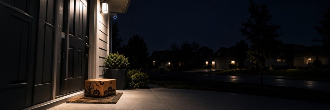 Parcel on dark porch under security light with smart doorbell, theft prevention concept for e-commerce delivery