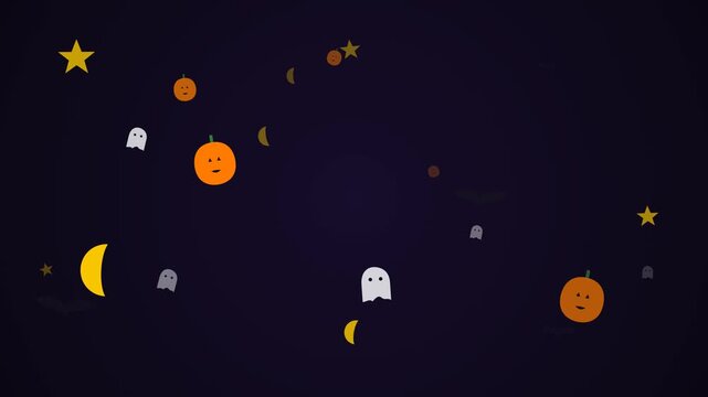 Generic Halloween elements including pumpkins, ghosts, bats, crescent moons, and stars slowly float and drift in repeating patterns across a dark background.