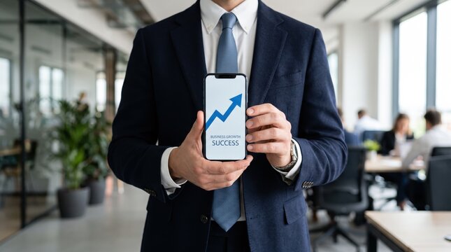 Businessman in suit holding smartphone displaying success graph with upward arrow, growth concept, professional office environment background, achievement and progress visualization
