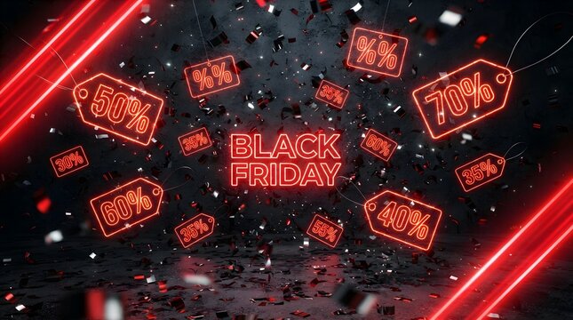 Black friday neon sale banner with discount tags and confetti on dark background
