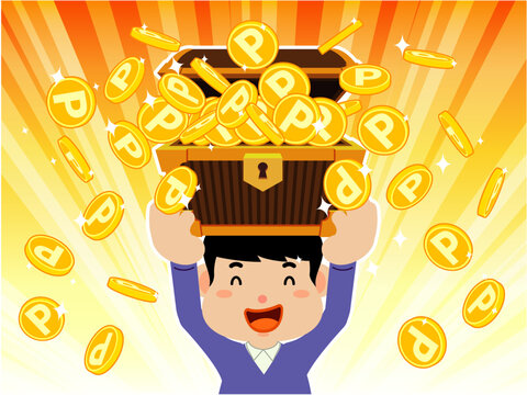 宝箱から大量のポイントコインが溢れ出し歓喜する男性のイラスト