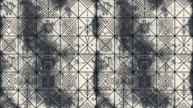Ethno style seamless pattern with ancient symbols birds turtles and tribal motifs on textured dark grunge paper.