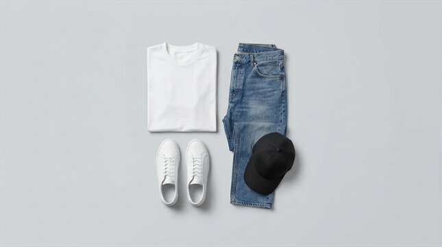 Minimalist casual outfit flat lay featuring folded blank white tshirt blue denim jeans white sneakers and black cap.