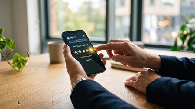 Close up of hands holding smartphone giving five star rating on mobile app interface, customer satisfaction feedback and user experience review concept in modern bright office setting