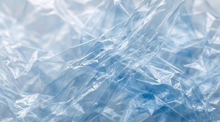Obraz premium Crumpled transparent plastic film texture with soft blue light reflections