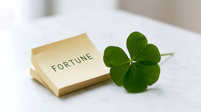 Four leaf clover Trifolium repens with sticky note displaying fortune text on white table background concept for luck and prosperity success